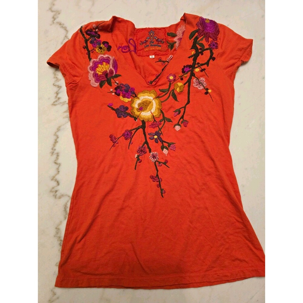 JW Los Angeles Orange Embroidered Floral V-Neck Cap Sleeve T-Shirt Size S